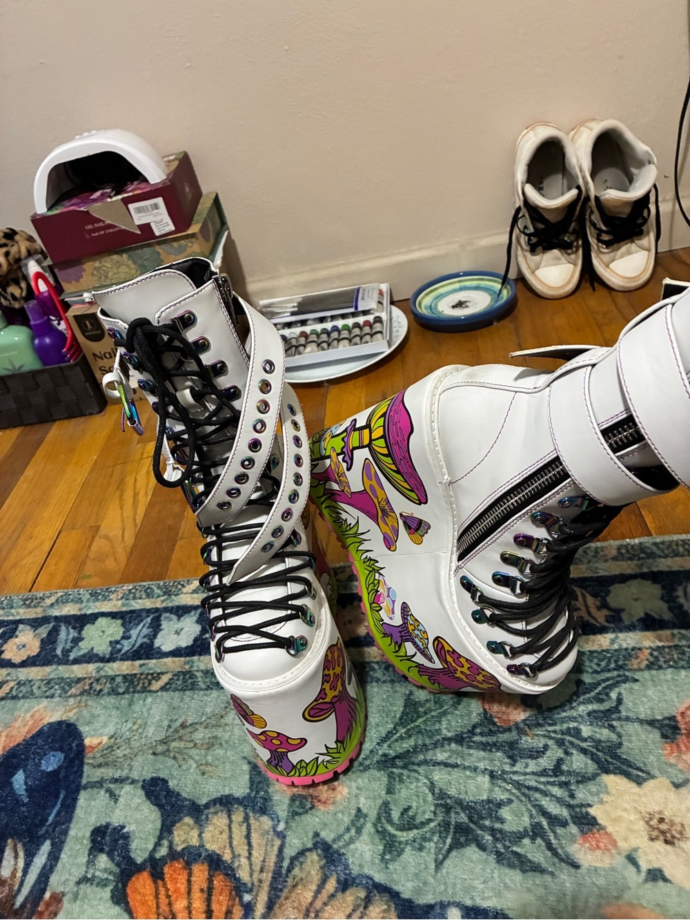 Dolls Kill White Platform Lace-Up Boots with Pink & Yellow Mushroom Print - Picture 5 of 5